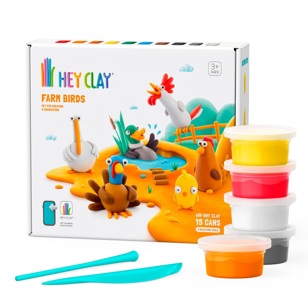 Aves de la Granja: Pollo, Ganso, Pavo, Gallo, Gallina, Pato 15 Potes - Hey Clay