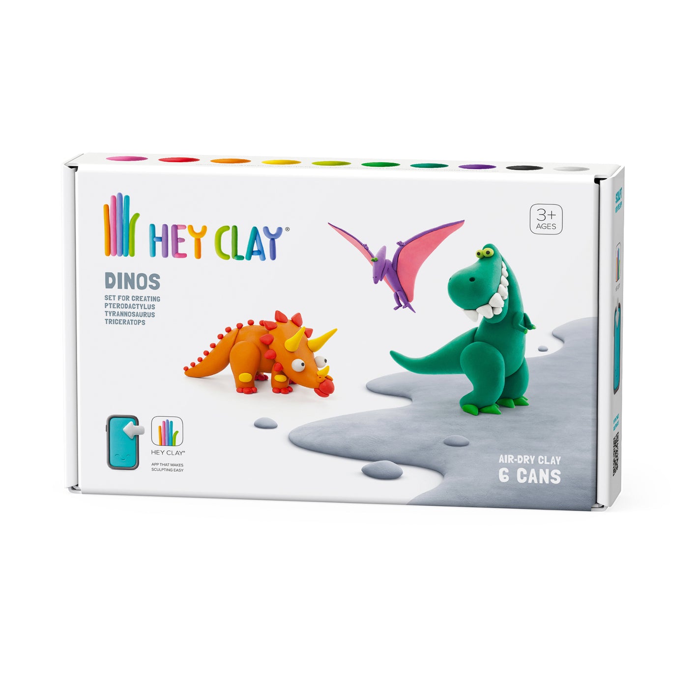 Dinosaurios: Tiranosaurio, Pterodáctilo, Triceratops 6 Potes - Hey Clay