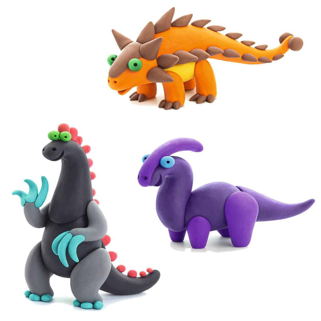 Mega Dinos: Ankylosaurus, Parasaurolophus, Therizinosaurus 6 Potes - Hey Clay